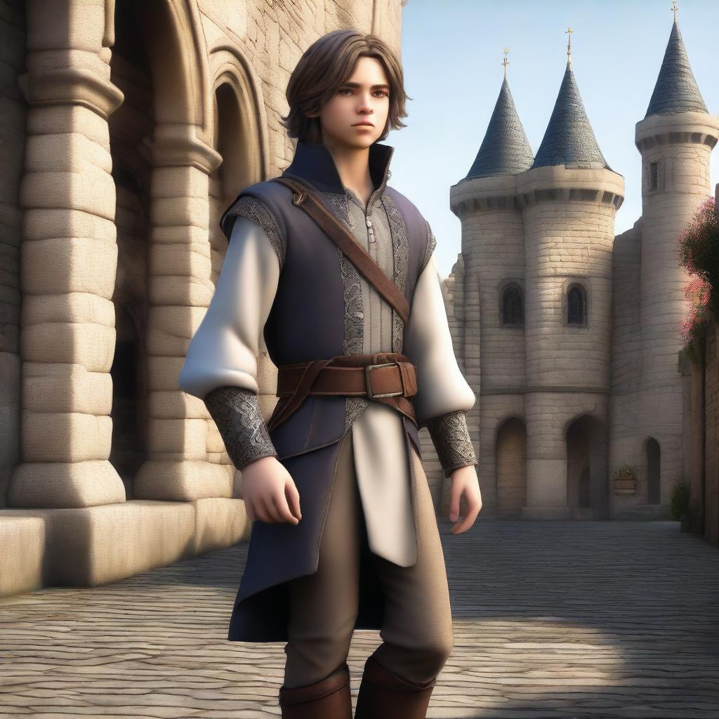 A high-quality digital art image showcasing a full body portrait of a girly boy in feminine medieval attire