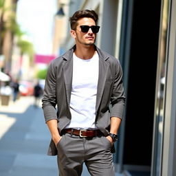 A stylish man dressed in a casual yet fashionable outfit, wearing trendy pants and sleek sunglasses