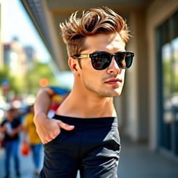 A stylish man dressed in a casual yet fashionable outfit, wearing trendy pants and sleek sunglasses