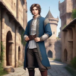 A high-quality digital art image showcasing a full body portrait of a girly boy in feminine medieval attire