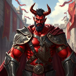 A powerful male muscular tiefling knight, showcasing his impressive physique with vibrant red skin, short dark hair, and a well-groomed short beard