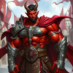 A powerful male muscular tiefling knight, showcasing his impressive physique with vibrant red skin, short dark hair, and a well-groomed short beard