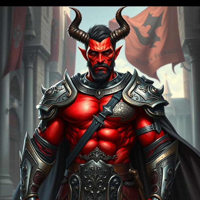 A powerful male muscular tiefling knight, showcasing his impressive physique with vibrant red skin, short dark hair, and a well-groomed short beard