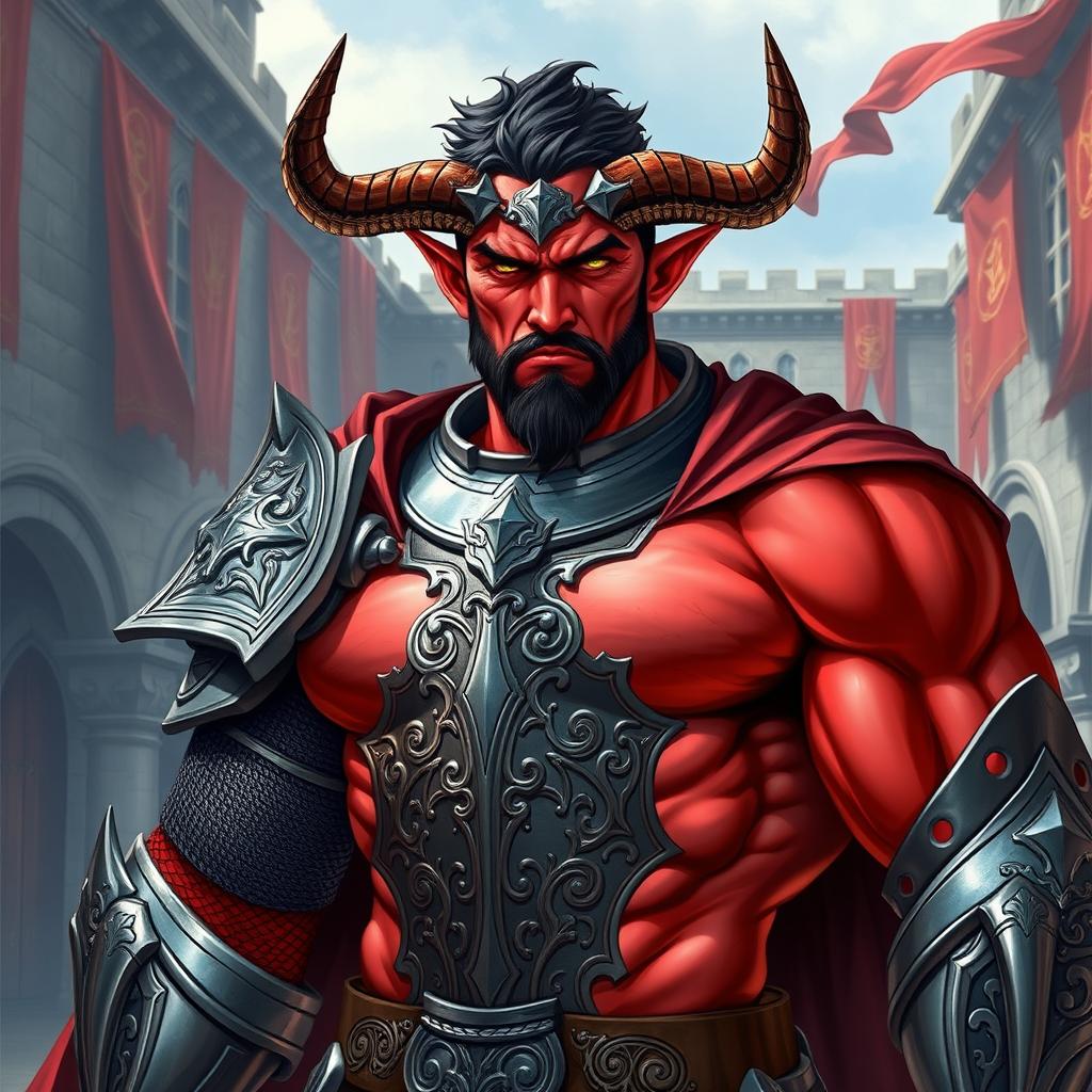 A powerful male muscular tiefling knight, showcasing his impressive physique with vibrant red skin, short dark hair, and a well-groomed short beard