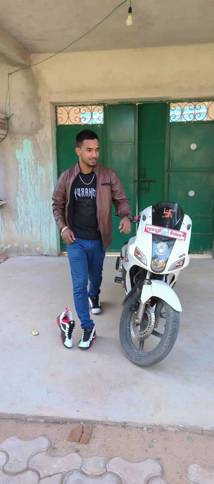 A young man standing confidently next to a sporty white motorcycle, dressed in a brown leather jacket and a graphic t-shirt