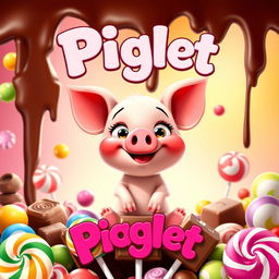 A movie poster for a film titled "Piglet" featuring a cute cartoon piglet surrounded by an assortment of delicious chocolates