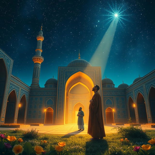 A mystical scene depicting a prophet standing in the Jamkaran Mosque, bathed in soft golden light under a starry night sky