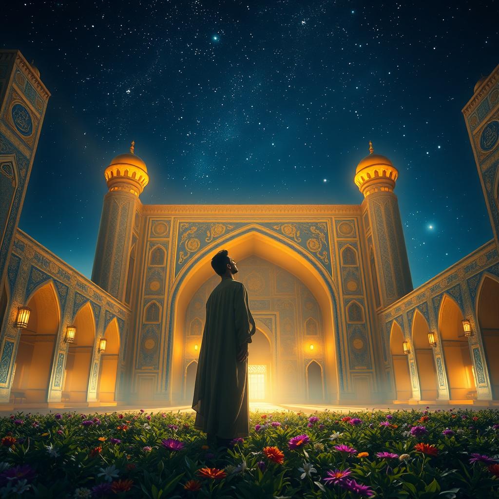 A mystical scene depicting a prophet standing in the Jamkaran Mosque, bathed in soft golden light under a starry night sky