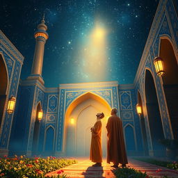 A mystical scene depicting a prophet standing in the Jamkaran Mosque, bathed in soft golden light under a starry night sky