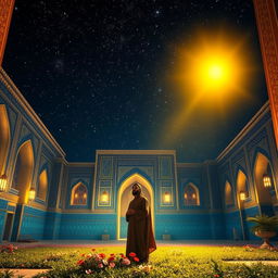 A mystical scene depicting a prophet standing in the Jamkaran Mosque, bathed in soft golden light under a starry night sky