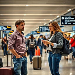 A scene at a busy airport where a man is trying to ask a woman for information