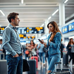A scene at a busy airport where a man is trying to ask a woman for information