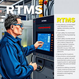 A detailed and informative poster illustrating a technician operating an RTMS (Real-Time Monitoring System) machine