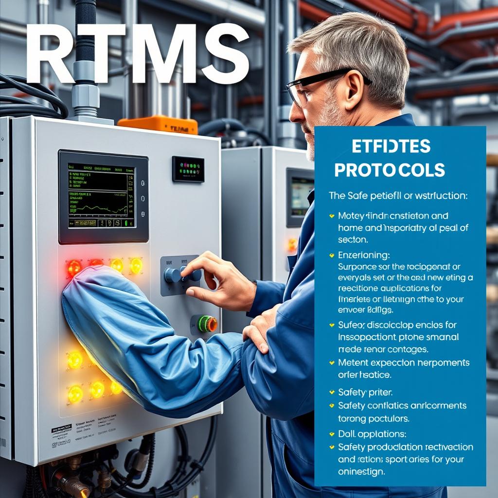 A detailed and informative poster illustrating a technician operating an RTMS (Real-Time Monitoring System) machine