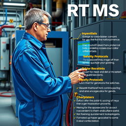 A detailed and informative poster illustrating a technician operating an RTMS (Real-Time Monitoring System) machine