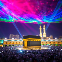 A vibrant and mesmerizing view of Mekka enveloped in a captivating display of colorful lights