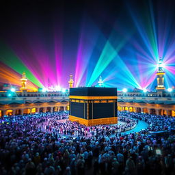 A vibrant and mesmerizing view of Mekka enveloped in a captivating display of colorful lights