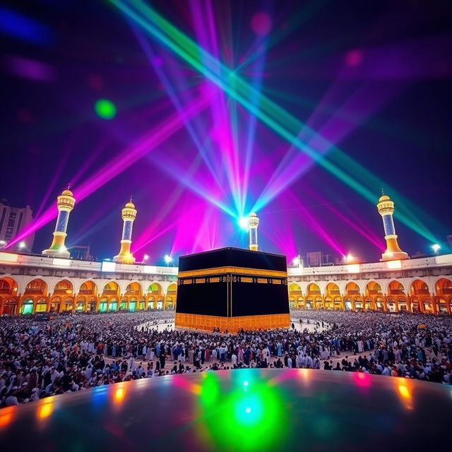 A vibrant and mesmerizing view of Mekka enveloped in a captivating display of colorful lights