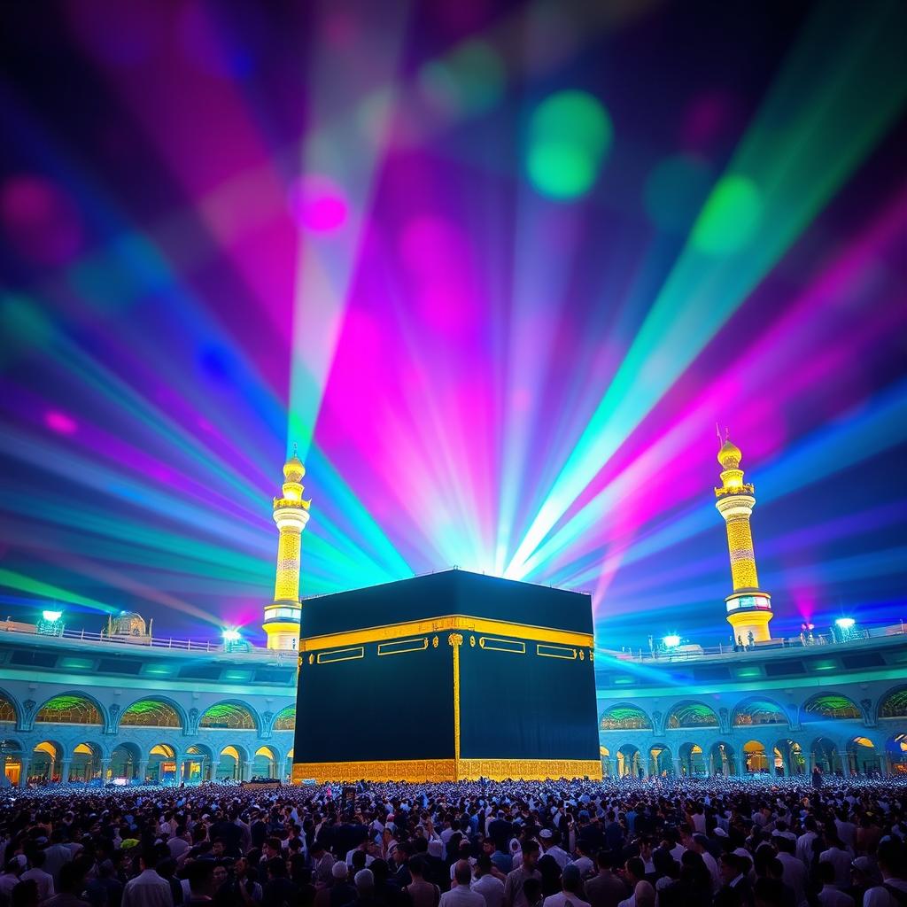 A vibrant and mesmerizing view of Mekka enveloped in a captivating display of colorful lights