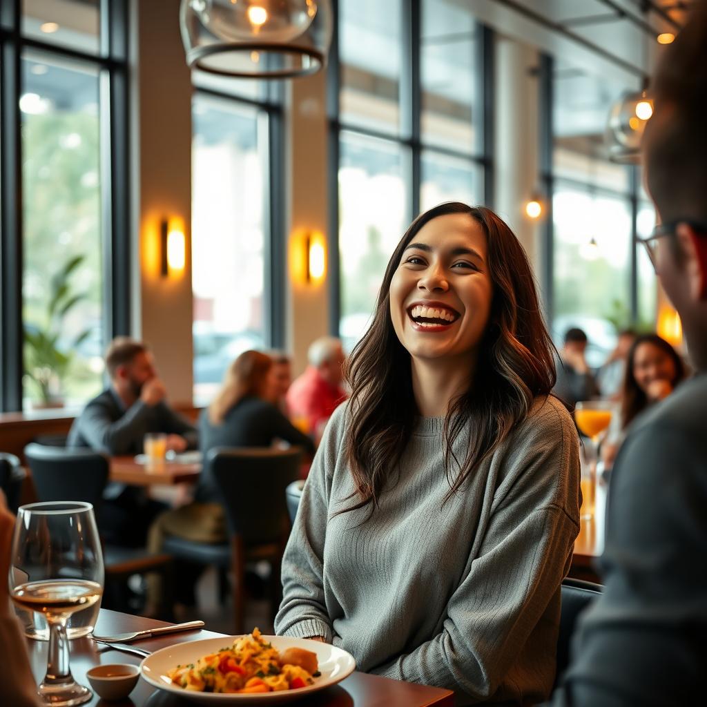 A joyful person smiling while engaging in conversation at a modern restaurant