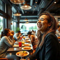 A joyful person smiling while engaging in conversation at a modern restaurant