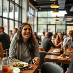 A joyful person smiling while engaging in conversation at a modern restaurant
