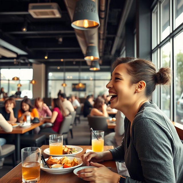 A joyful person smiling while engaging in conversation at a modern restaurant