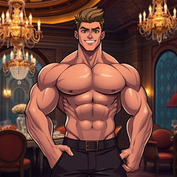 A strong, muscular body with an attractive face and head, standing confidently in an elegant and luxurious setting, such as a grand ballroom or a lavish dining area
