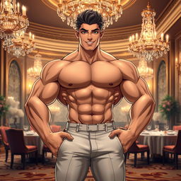 A strong, muscular body with an attractive face and head, standing confidently in an elegant and luxurious setting, such as a grand ballroom or a lavish dining area