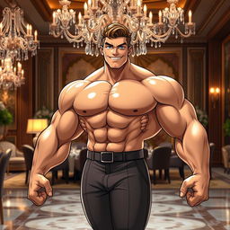 A strong, muscular body with an attractive face and head, standing confidently in an elegant and luxurious setting, such as a grand ballroom or a lavish dining area