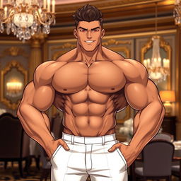 A strong, muscular body with an attractive face and head, standing confidently in an elegant and luxurious setting, such as a grand ballroom or a lavish dining area