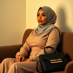 A beautiful and attractive sensual woman with a curvy figure, wearing a stylish and elegant hijab along with a fashionable, simple dress
