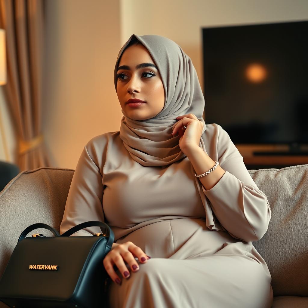 A beautiful and attractive sensual woman with a curvy figure, wearing a stylish and elegant hijab along with a fashionable, simple dress