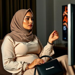 A beautiful and attractive sensual woman with a curvy figure, wearing a stylish and elegant hijab along with a fashionable, simple dress