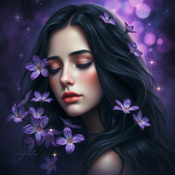 A fantastic artistic representation of a young woman, featuring dark, wavy hair that flows gracefully around her