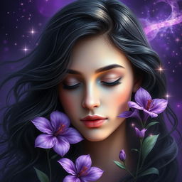 A fantastic artistic representation of a young woman, featuring dark, wavy hair that flows gracefully around her
