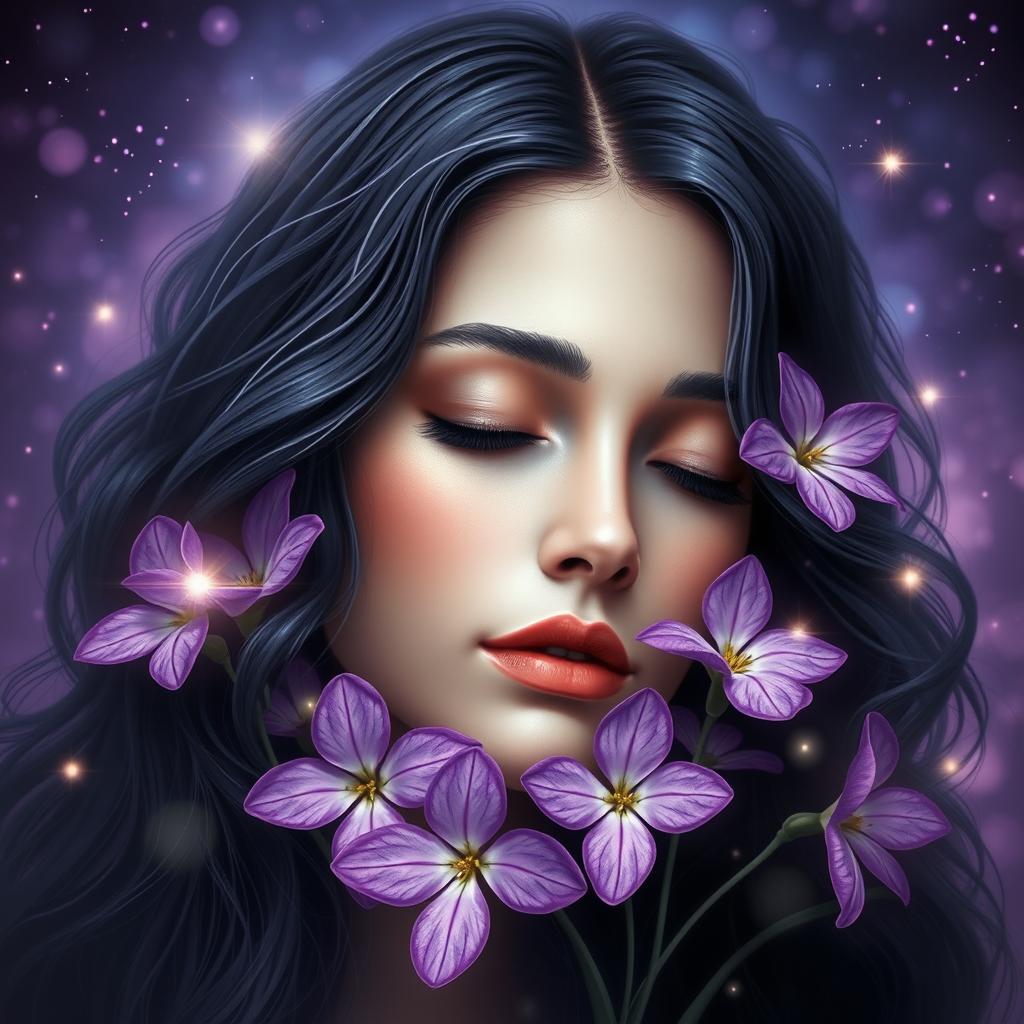 A fantastic artistic representation of a young woman, featuring dark, wavy hair that flows gracefully around her