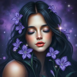 A fantastic artistic representation of a young woman, featuring dark, wavy hair that flows gracefully around her