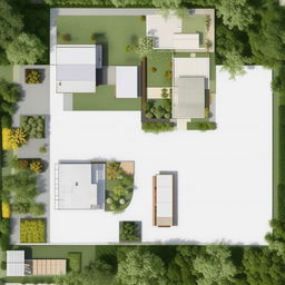 A 3d architectural plan of a 60'x40' property with the main entrance facing east.