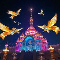 A breathtaking view of Mekka, adorned with a multitude of colorful lights illuminating the scene vibrantly