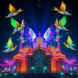 A breathtaking view of Mekka, adorned with a multitude of colorful lights illuminating the scene vibrantly