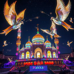 A breathtaking view of Mekka, adorned with a multitude of colorful lights illuminating the scene vibrantly