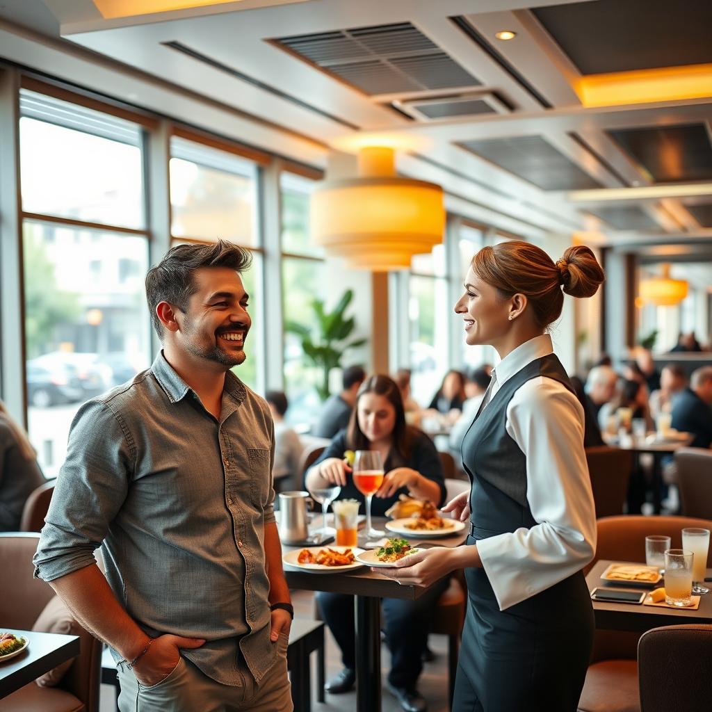 A cheerful man smiling while having a conversation with a waitress in a modern restaurant