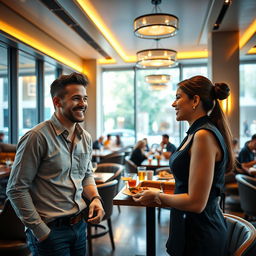 A cheerful man smiling while having a conversation with a waitress in a modern restaurant