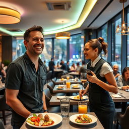 A cheerful man smiling while having a conversation with a waitress in a modern restaurant