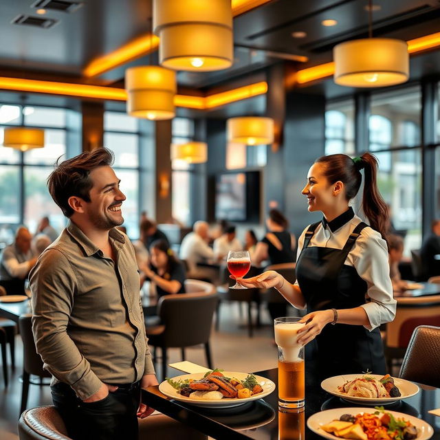 A cheerful man smiling while having a conversation with a waitress in a modern restaurant