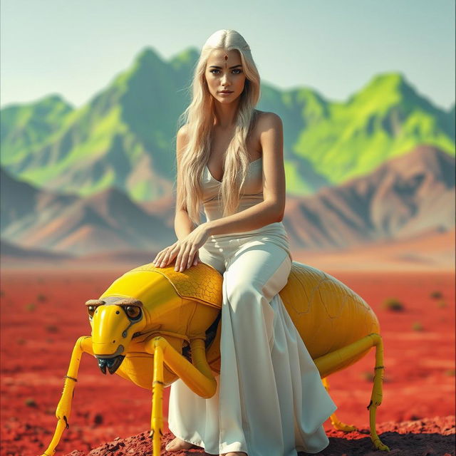 A beautiful white woman with long blonde hair and prominent features is sitting gracefully on a large alien insect