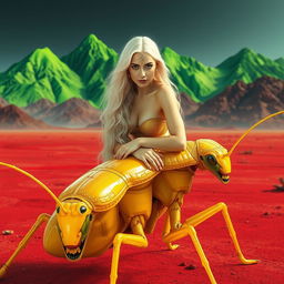 A beautiful white woman with long blonde hair and prominent features is sitting gracefully on a large alien insect