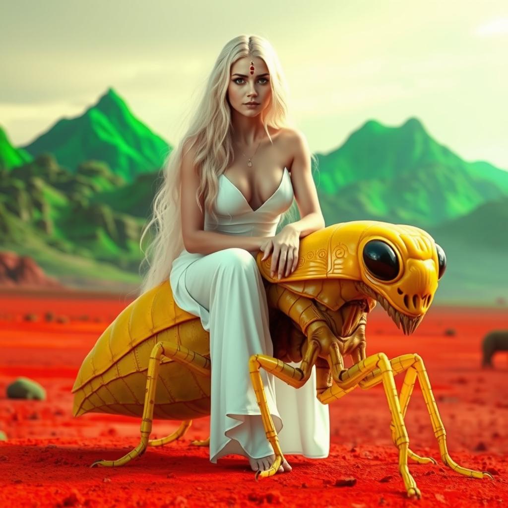 A beautiful white woman with long blonde hair and prominent features is sitting gracefully on a large alien insect