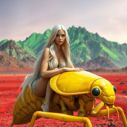 A beautiful white woman with long blonde hair and prominent features is sitting gracefully on a large alien insect